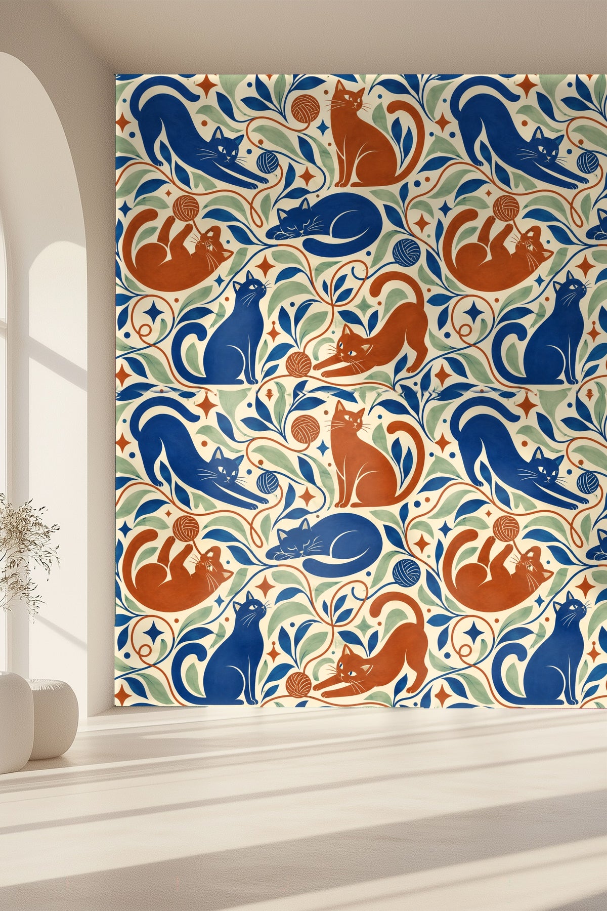 Pattern showing repeated star shapes and small dots scattered between cats.