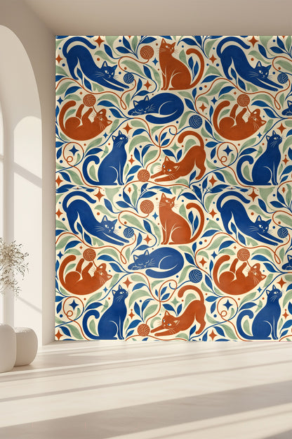 Pattern showing repeated star shapes and small dots scattered between cats.