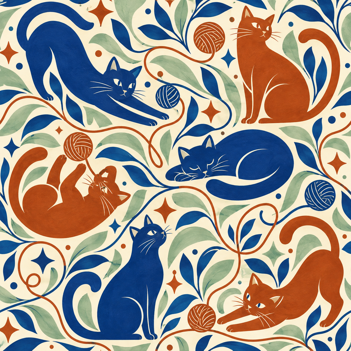 Decorative wall vignette with terracotta and blue cats, leafy vines, and yarn elements.