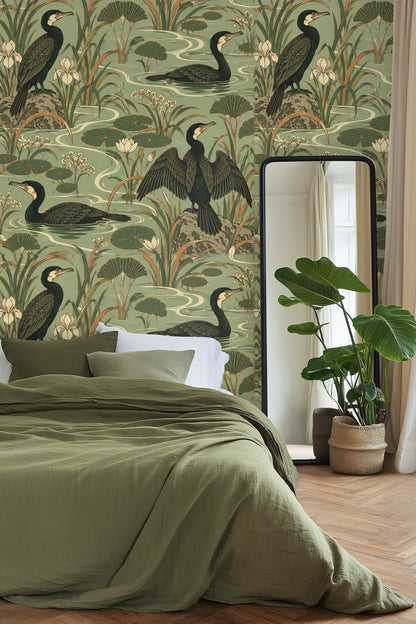 Living room view with white cushions on sofa in front of cormorant pond wallpaper featuring golden-tone water plants and birds