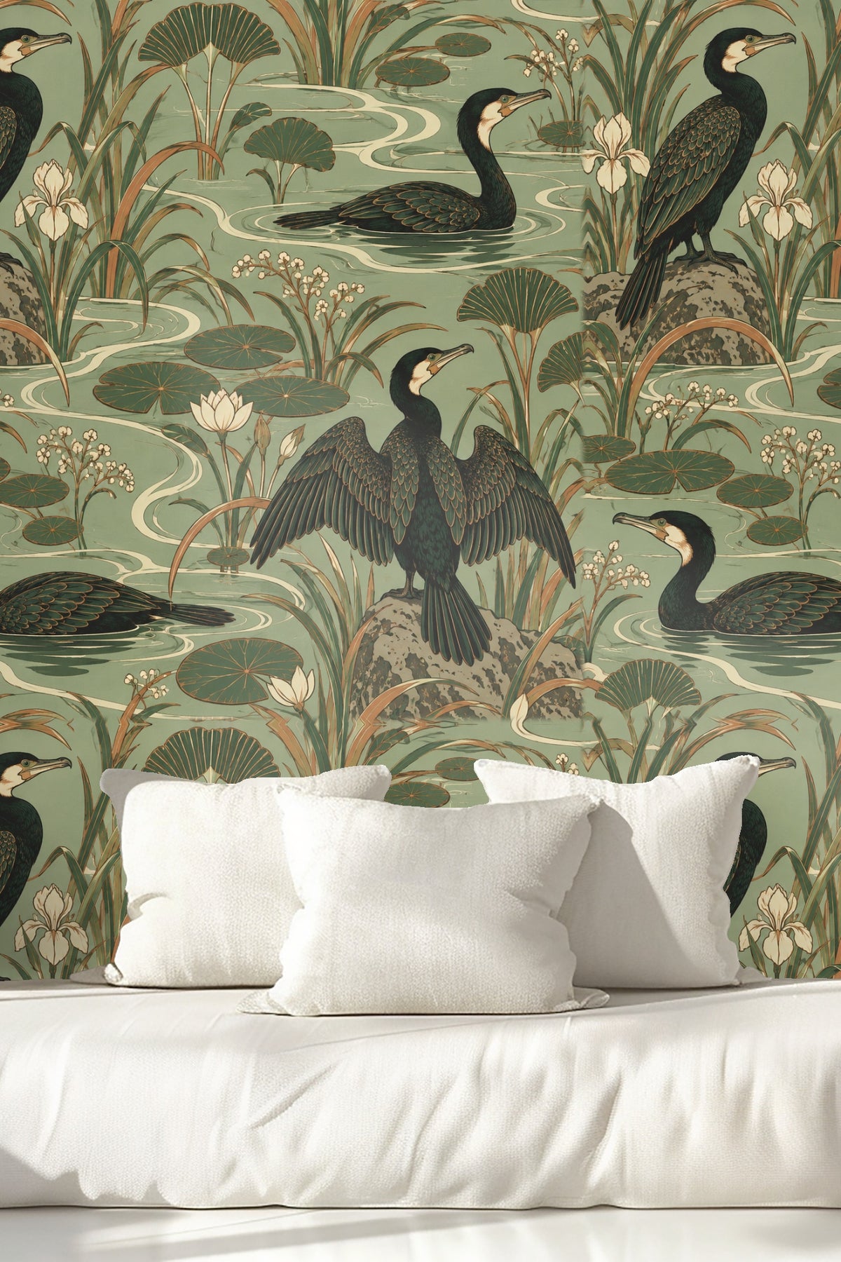 Tree-like aquatic plants rising above flowing water in wallpaper pattern