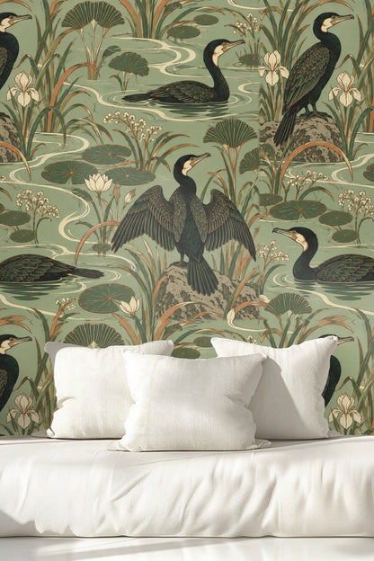 Tree-like aquatic plants rising above flowing water in wallpaper pattern