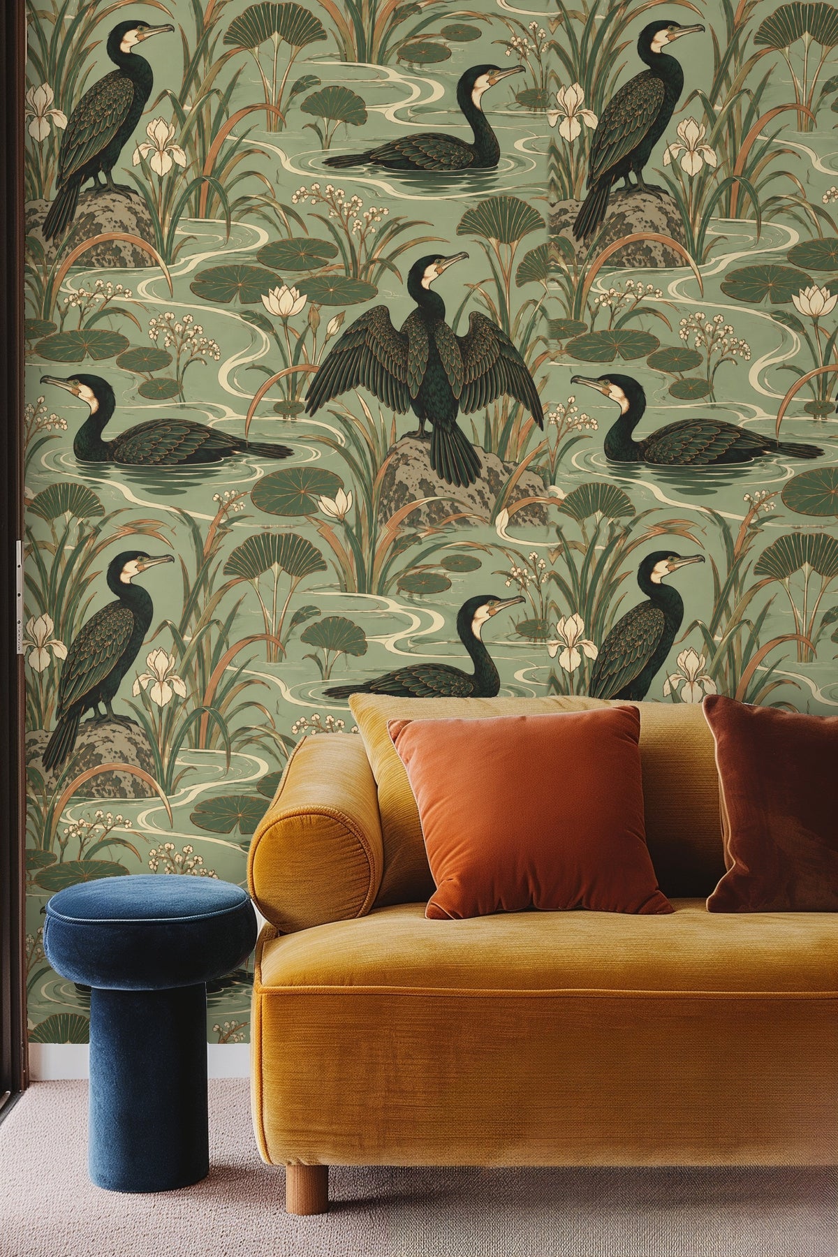 Curved water ripples and aquatic vegetation in decorative wallpaper design