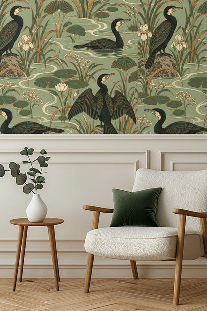 Repeated cormorant bird motifs with white lily flowers and broad leaves