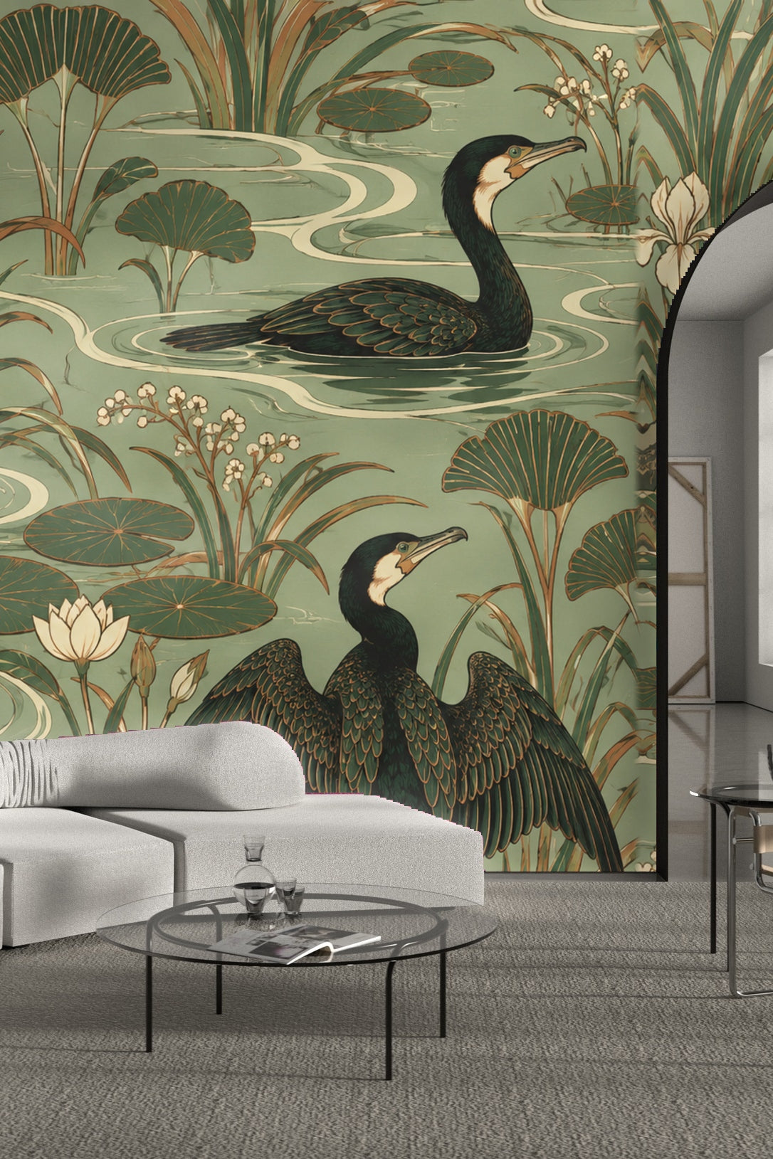 Illustration of water birds interacting with natural pond setting in wallpaper
