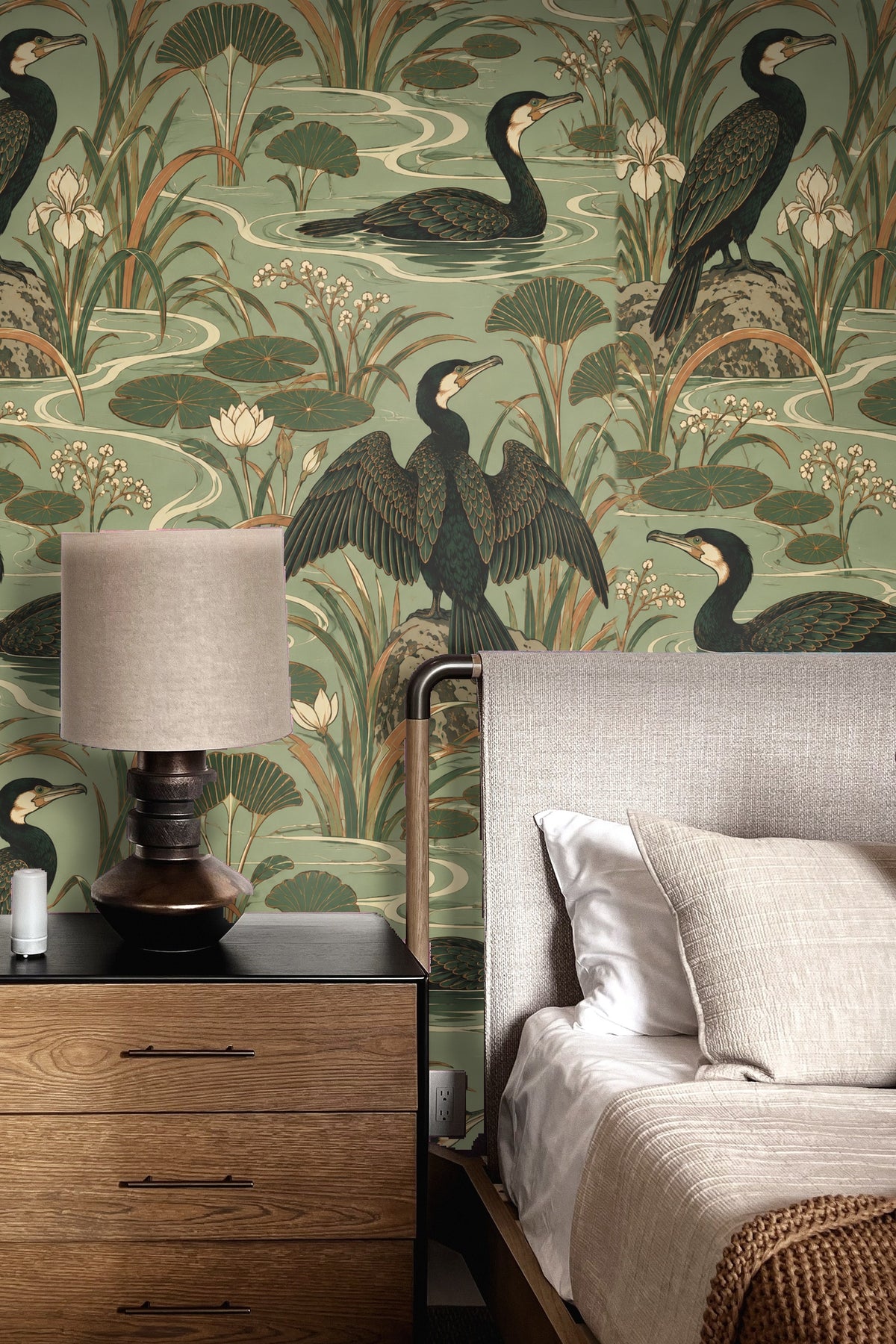 Wallpaper pattern showing cormorants perched and swimming among water lilies and reeds on muted green background