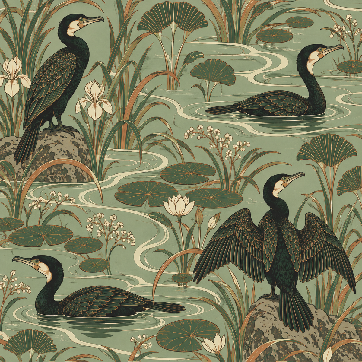 Decorative gold accents outlining bird feathers and plant details in wallpaper