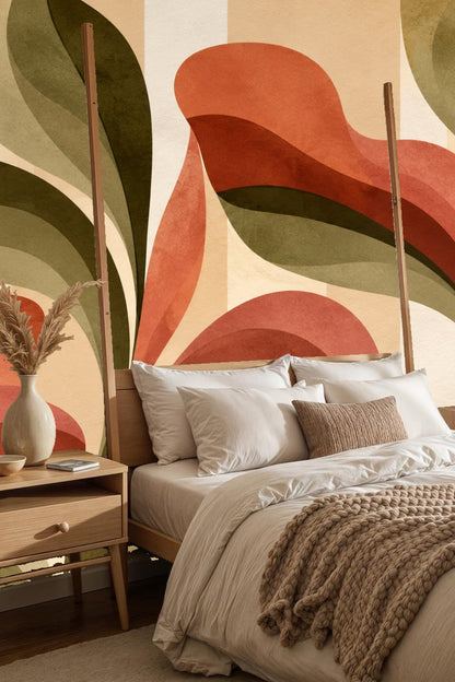 Bedroom interior with Rustalgae Bloom wallpaper behind a soft white bed with modern lighting