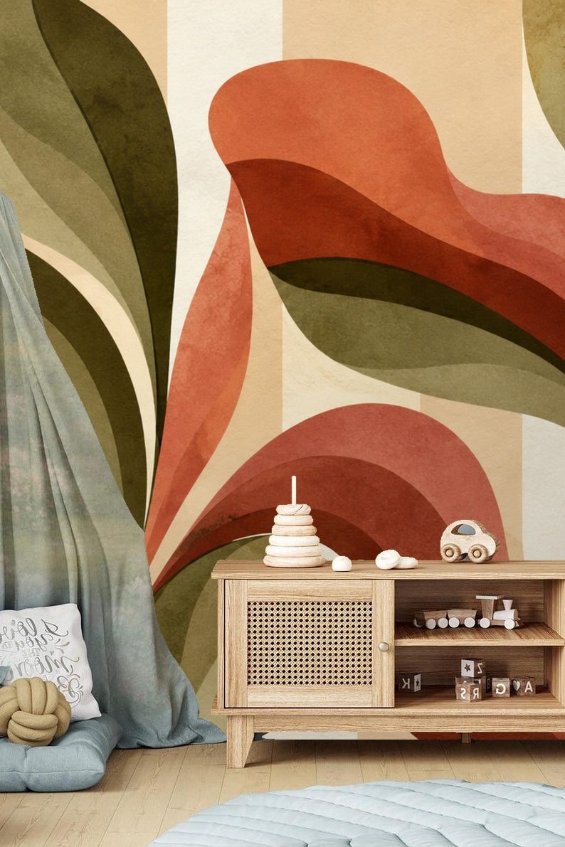 Cozy window bench vignette styled with cushions and natural textures against Rustalgae Bloom wallpaper