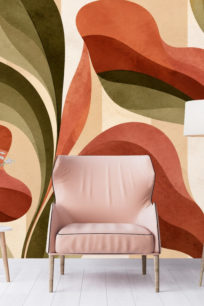 Abstract mid-century inspired wallpaper artwork featuring overlapping terracotta and olive leaves