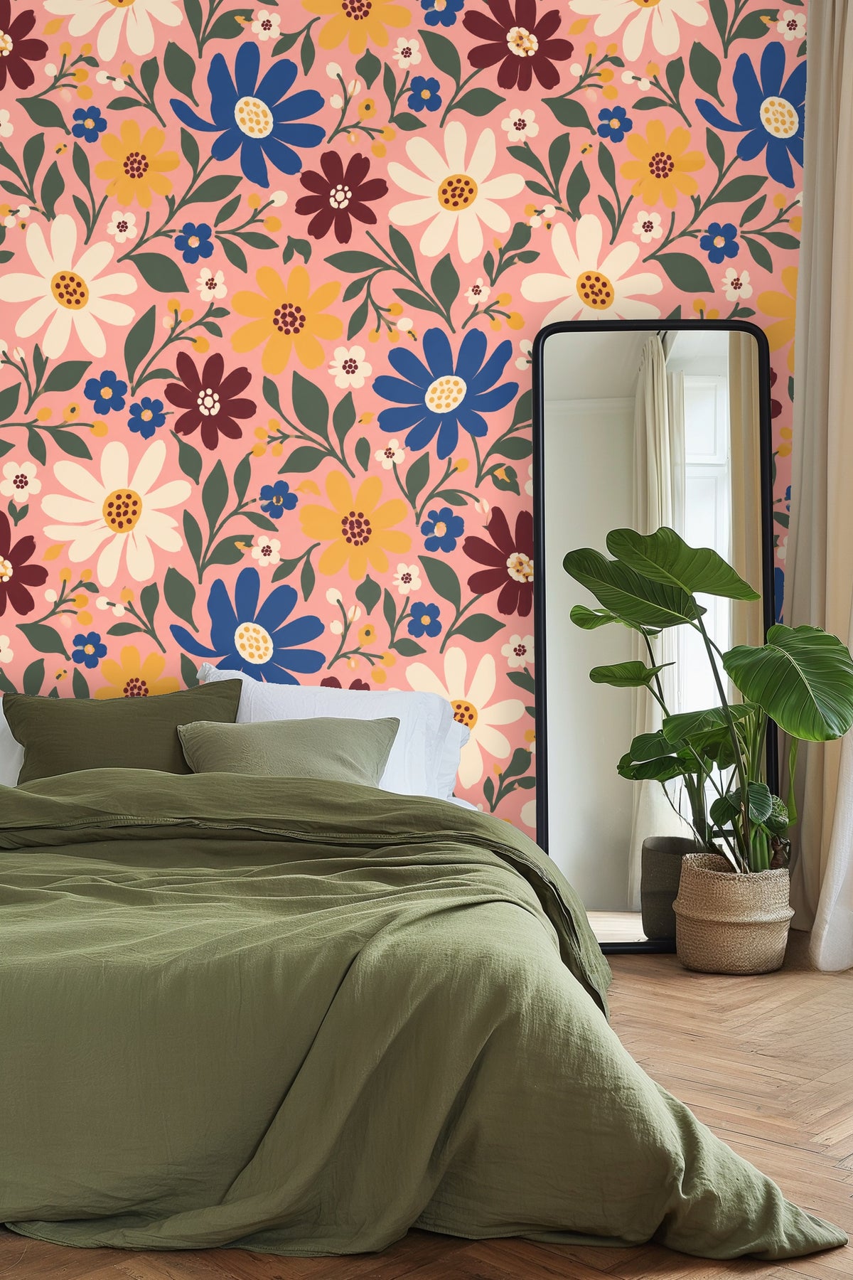 Crop of overlapping petals and leaves with painterly texture on floral wallpaper