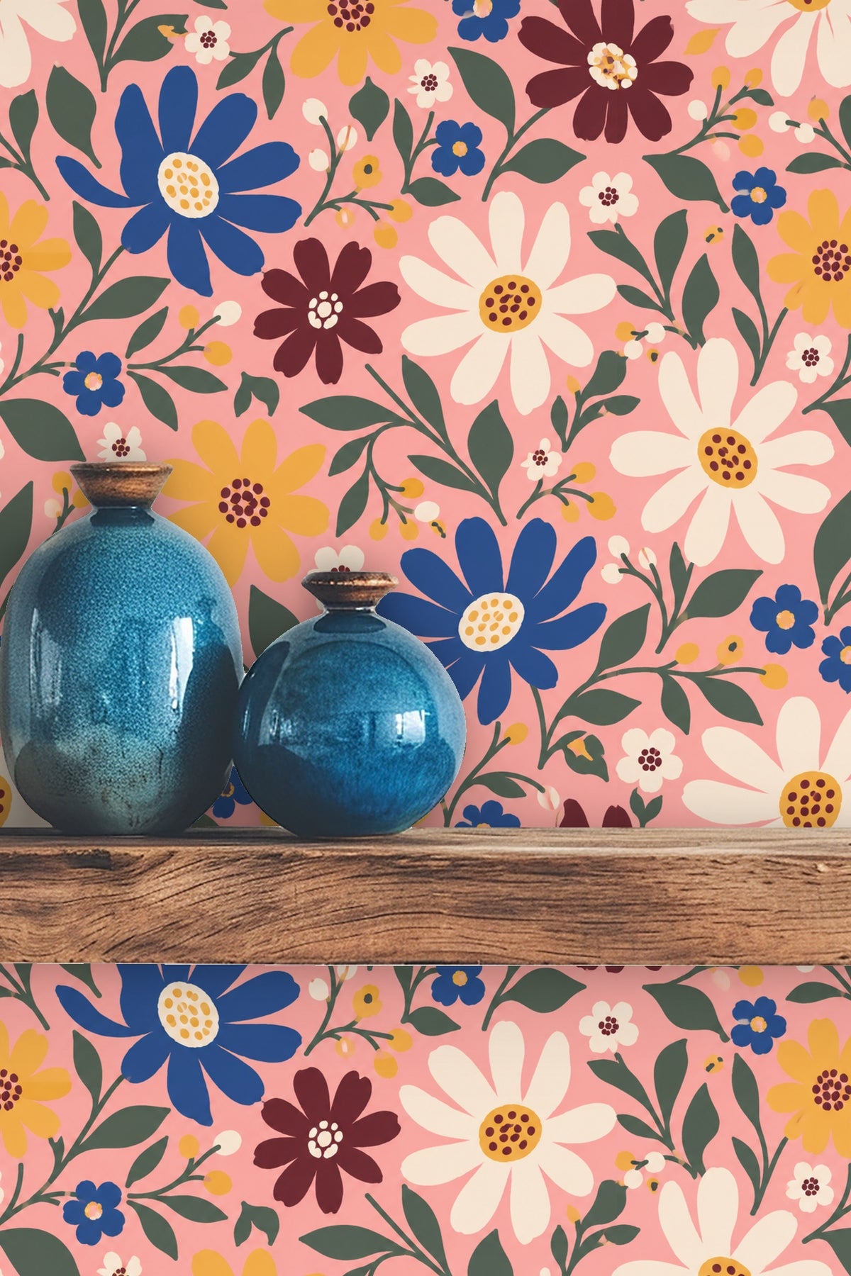 Variety of small white and blue flowers scattered amid larger blooms on the floral wallpaper