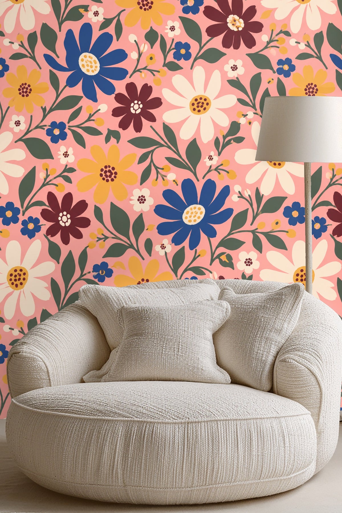 Close-up of leaves and small buds integrated between large flowers on vibrant wallpaper
