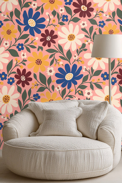 Close-up of leaves and small buds integrated between large flowers on vibrant wallpaper