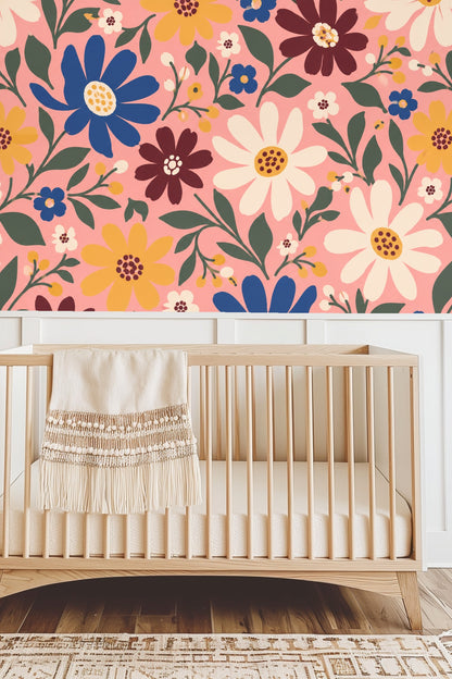 Corner detail of floral wallpaper behind a bed showcasing flower pattern repetition