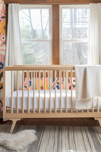 Bedroom wall behind an iron headboard covered with vibrant folk-inspired floral wallpaper with pink background