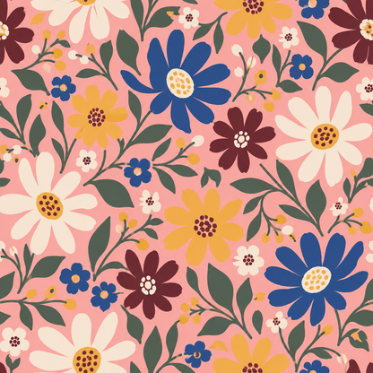 Artistic wallpaper featuring a mix of large and small folk-style flowers with soft pink background