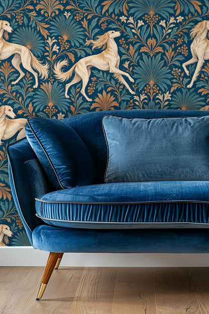 Wallpaper original artwork of salukis with saffron and teal foliage