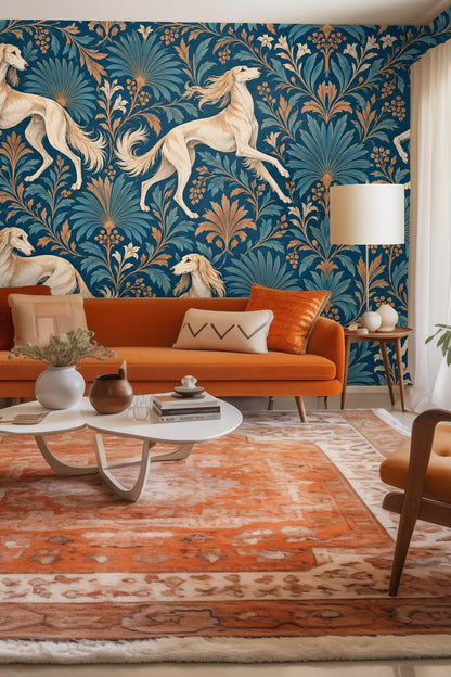 Close-up detail of Saffron Saluki Scroll wallpaper with towel ring and marble background