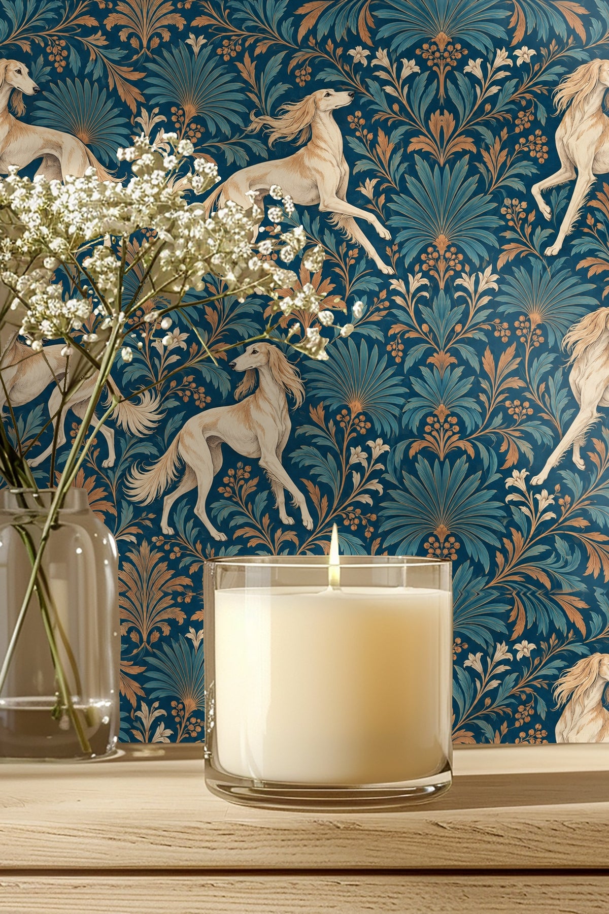 Entryway wall with round mirror framed by wallpaper of running saluki dogs and decorative teal foliage
