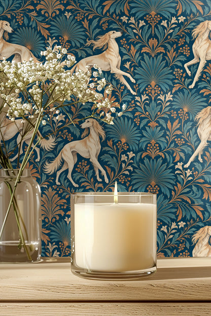 Entryway wall with round mirror framed by wallpaper of running saluki dogs and decorative teal foliage
