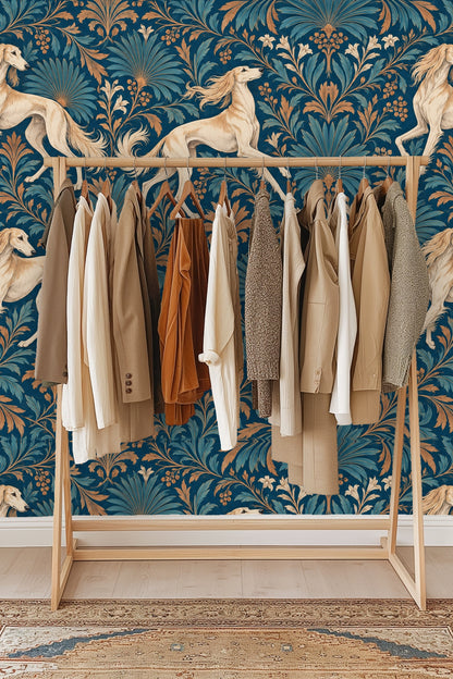 Saluki dog figure amid stylized palm and blossom leaves on deep teal wallpaper