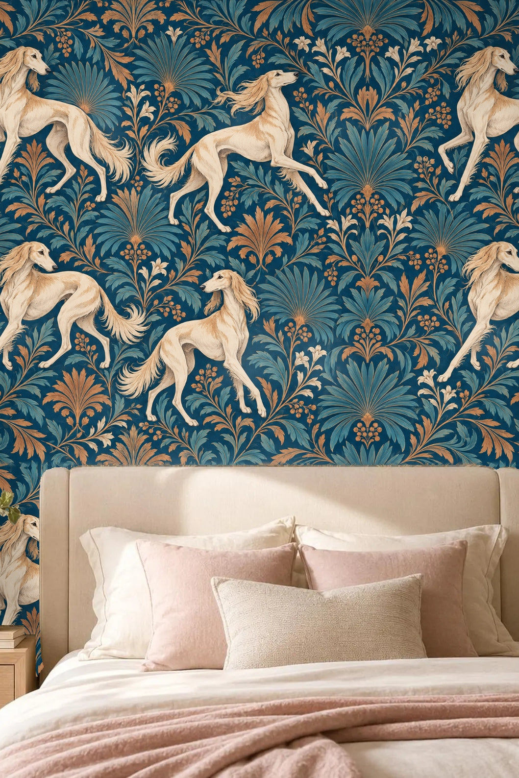 Atmospheric lighting emphasizing wallpaper’s blue-green and amber palette