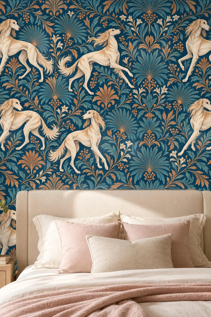 Atmospheric lighting emphasizing wallpaper’s blue-green and amber palette