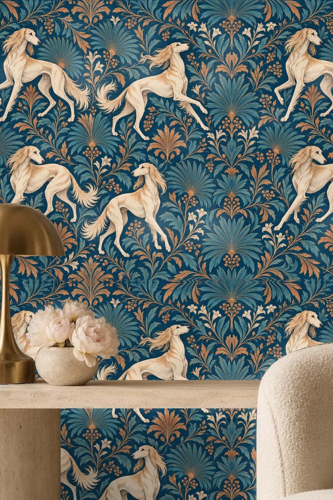 Towel ring mounted on wallpaper with saluki figure