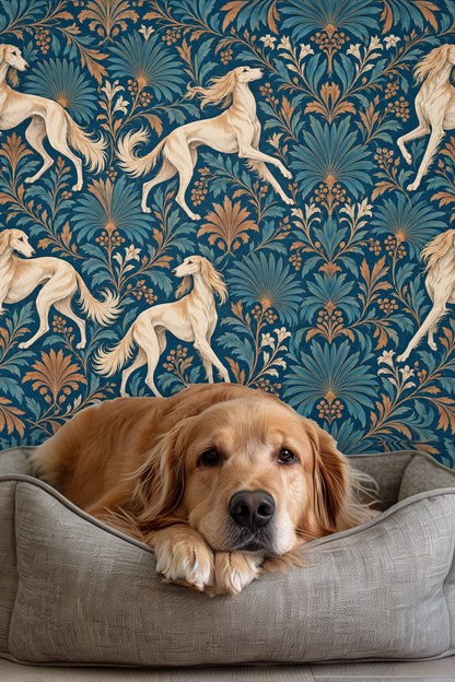 Blue palm leaf and saffron floral patterns in wallpaper