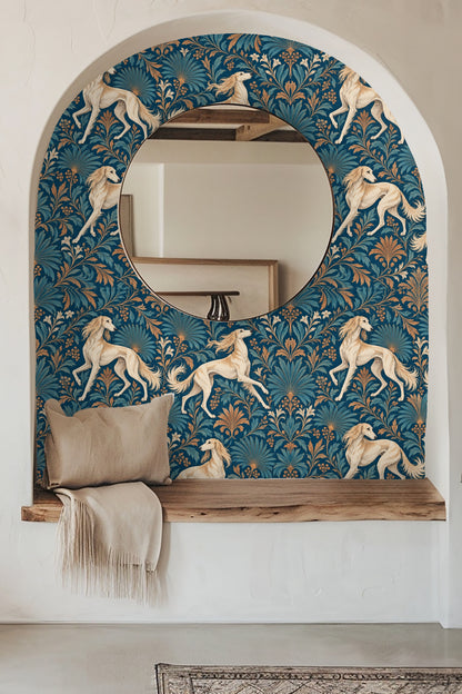 Wallpaper with elegant tan saluki dogs amid teal and amber botanical motifs