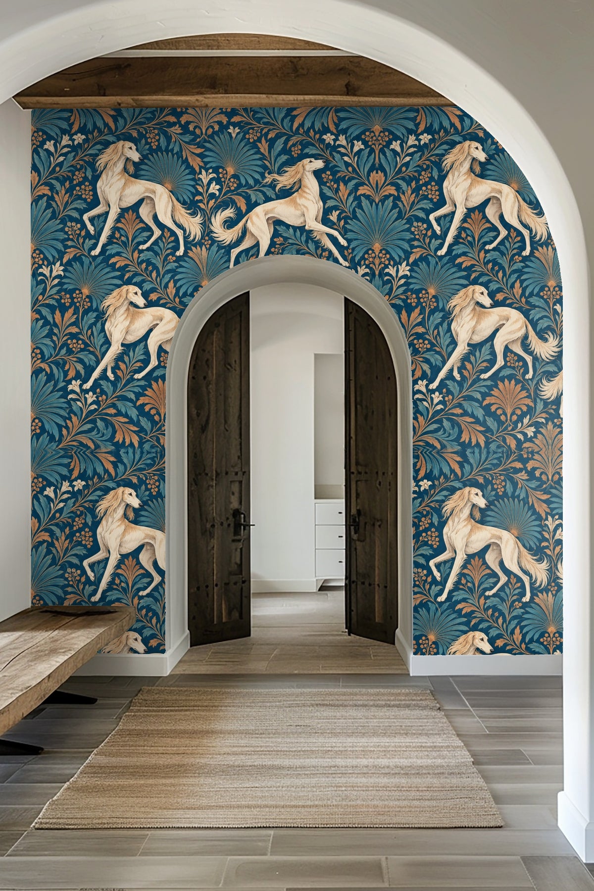 Saluki dog motif and foliage details in wallpaper