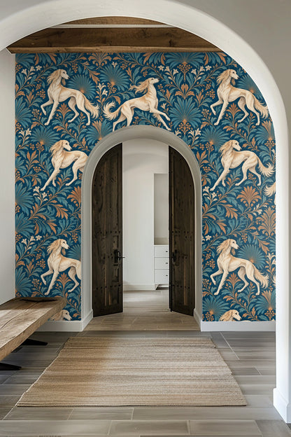 Saluki dog motif and foliage details in wallpaper
