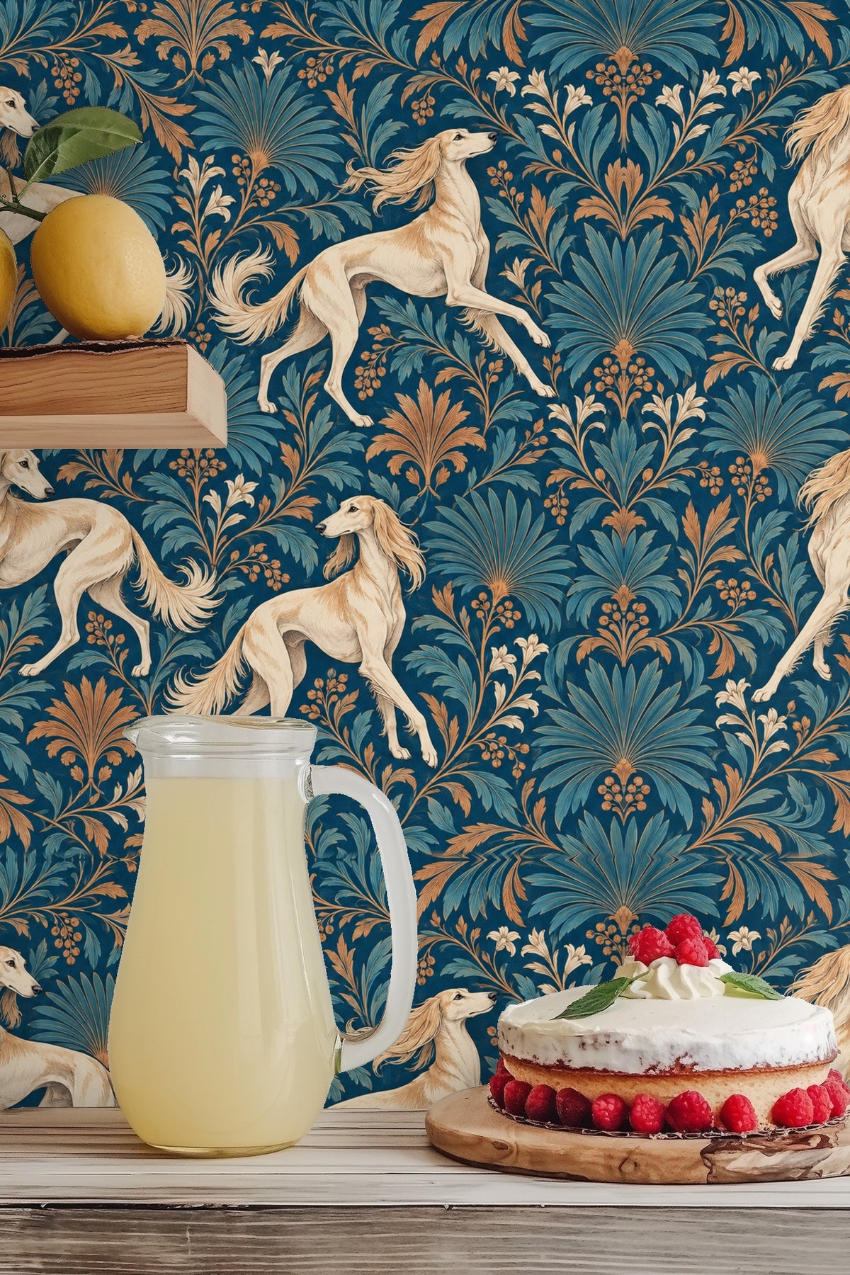 Repetitive pattern of saluki dogs marching in alternating directions on botanical background