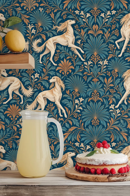 Repetitive pattern of saluki dogs marching in alternating directions on botanical background