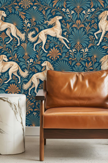 Entrance niche with wooden bench and beige throw against decorative wallpaper