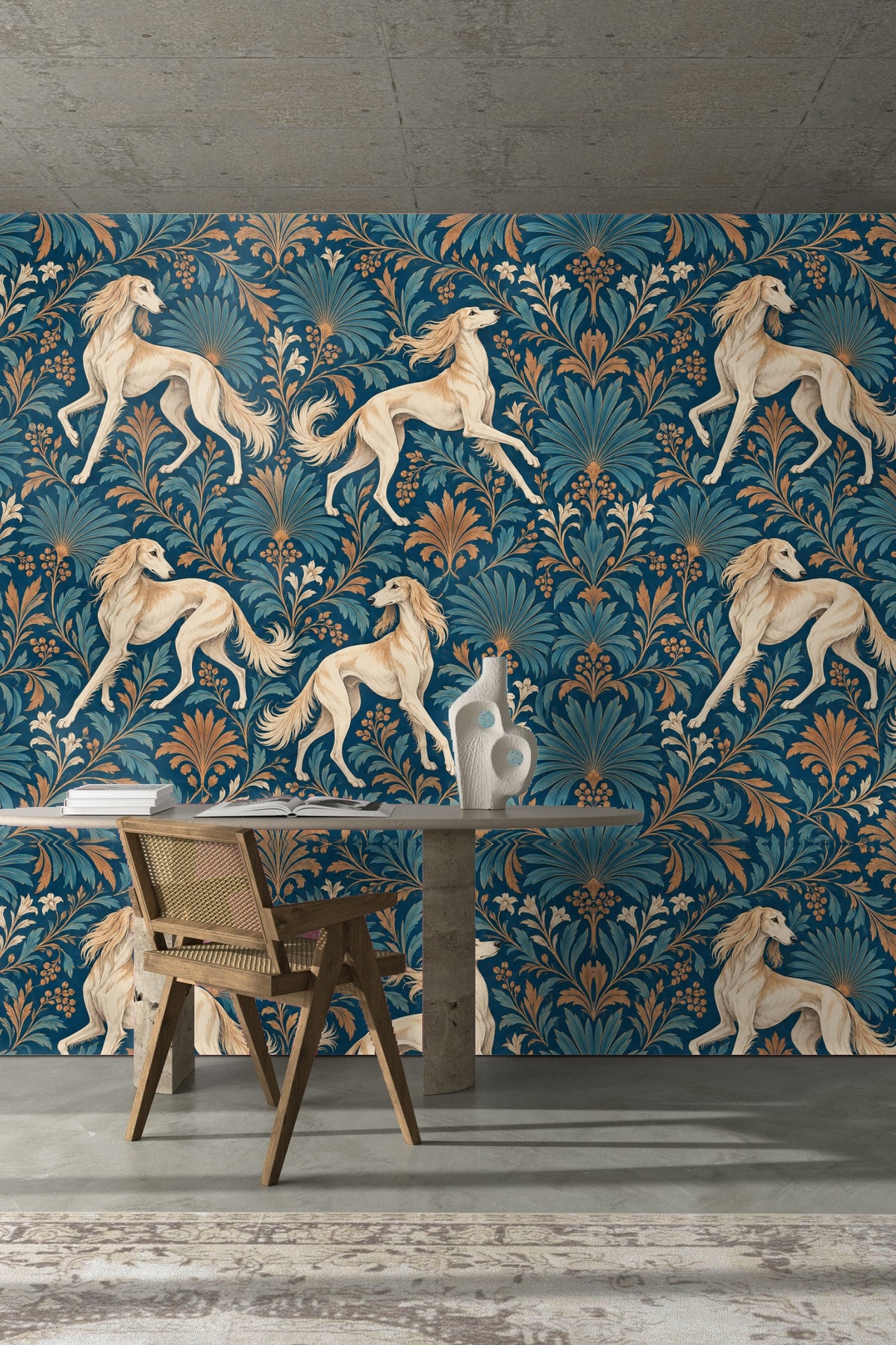 Elegant botanical and canine wallpaper motif
