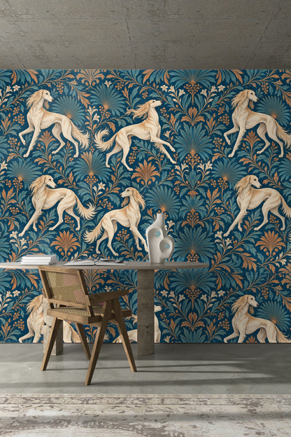 Elegant botanical and canine wallpaper motif