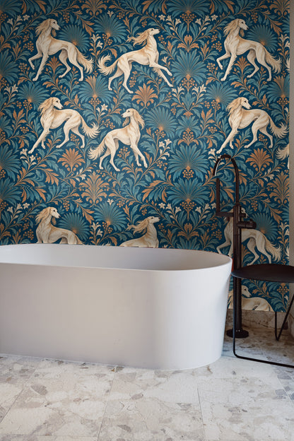 Soft cream flower clusters dispersed between larger palm leaves in wallpaper pattern