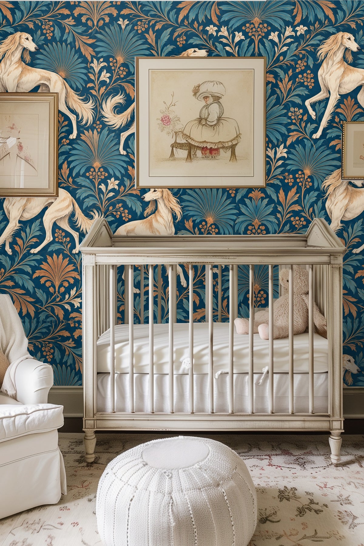 Flowing fur and poised dog legs detailed in wallpaper’s fine brush strokes