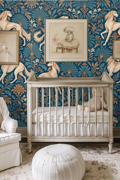 Flowing fur and poised dog legs detailed in wallpaper’s fine brush strokes