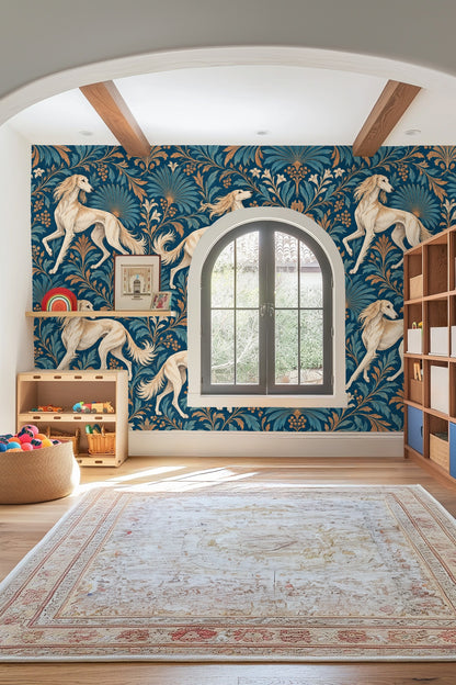 Sophisticated dog and plant pattern on wallpaper