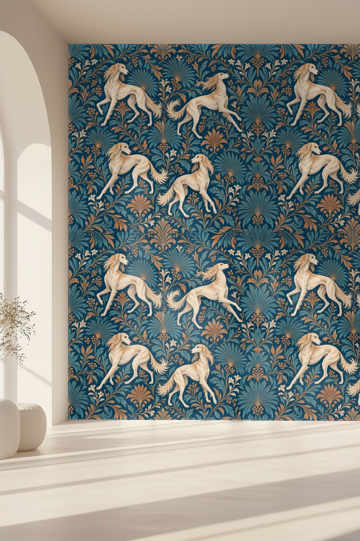 Layered botanical leaf shapes in teal and amber framing the canine figures