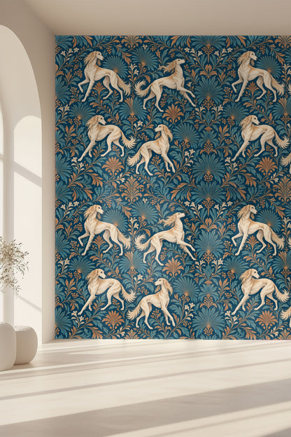 Layered botanical leaf shapes in teal and amber framing the canine figures