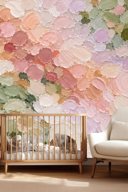 Wallpaper installed behind a contemporary gray bed showing textured petal brushstrokes