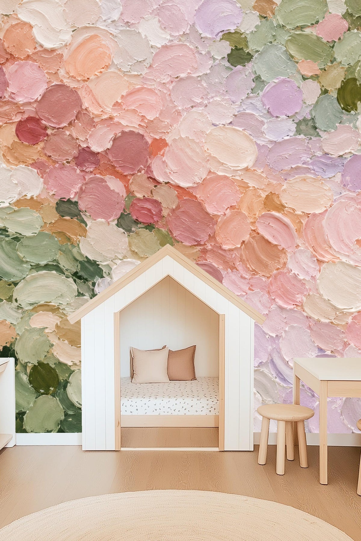 Wide shot of a bedroom with the pastel petal palette wallpaper as a focal point