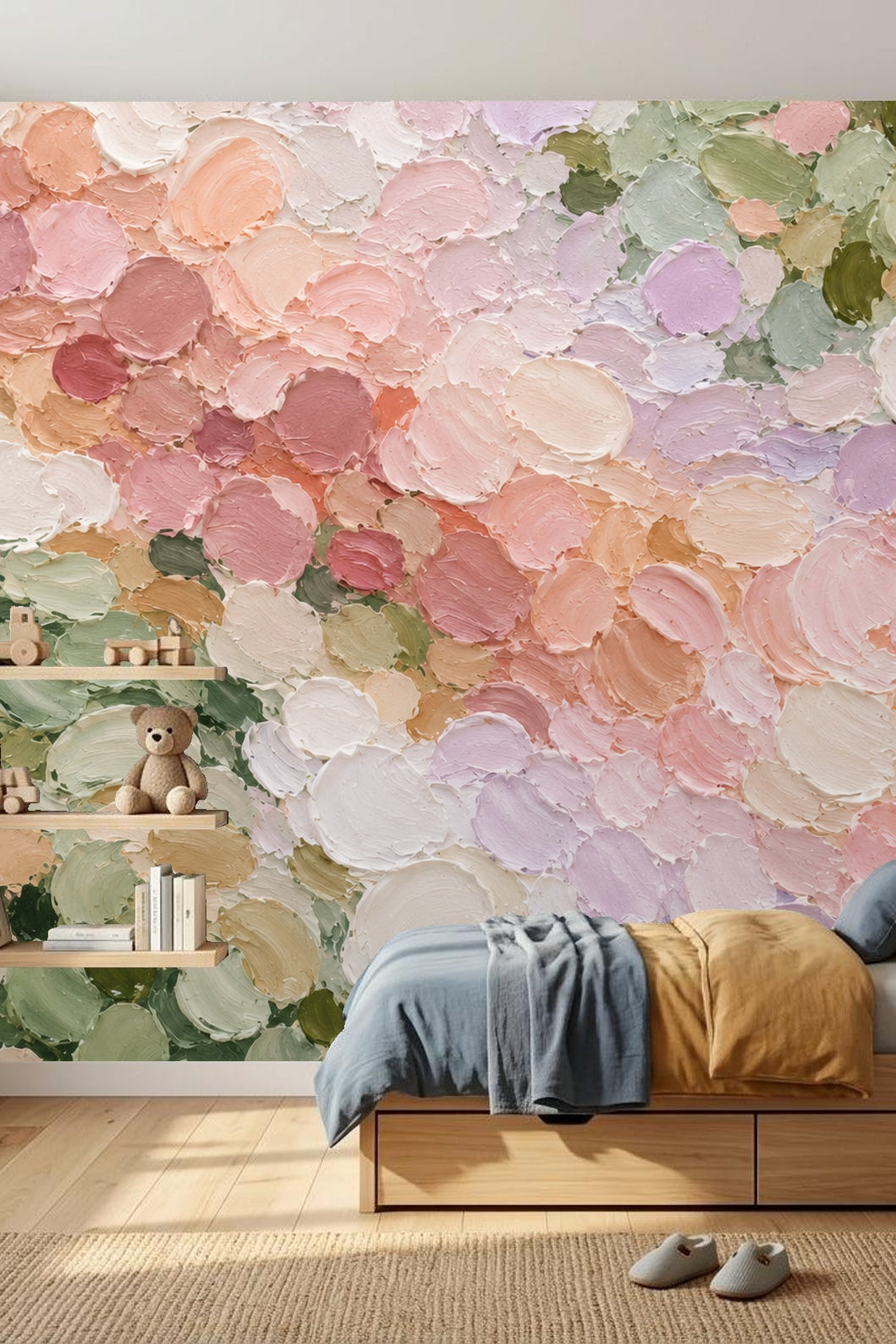Wallpaper in a nursery setting with a natural wood crib and cozy armchair showcasing pastel floral dots
