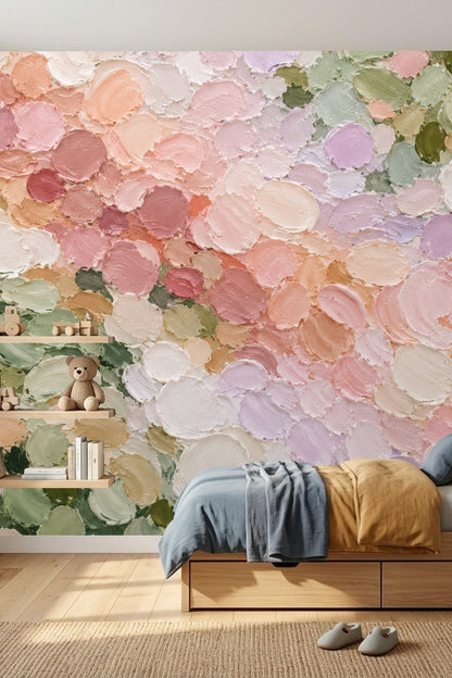 Wallpaper in a nursery setting with a natural wood crib and cozy armchair showcasing pastel floral dots