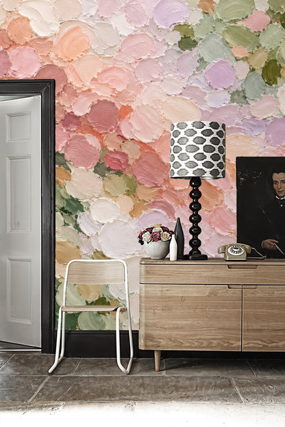 Natural nursery featuring the floral wallpaper with modern wooden furniture