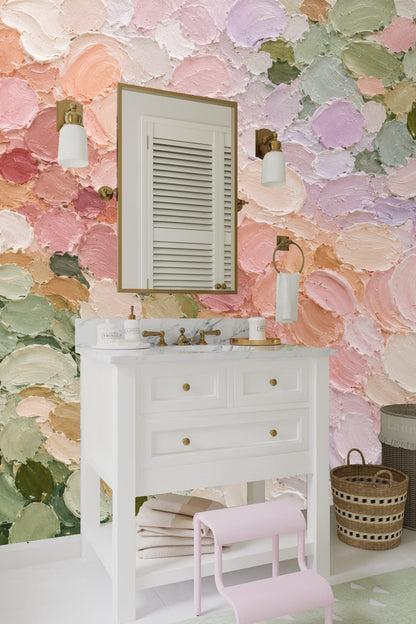 Installation detail showing the wallpaper's three-dimensional paint texture